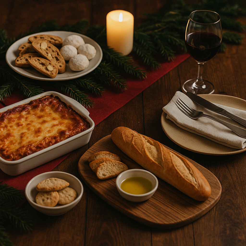 Cozy holiday table with candles, greenery, lasagna, bread, and Italian cookies, styled simply to evoke a Christmas Eve dinner tradition