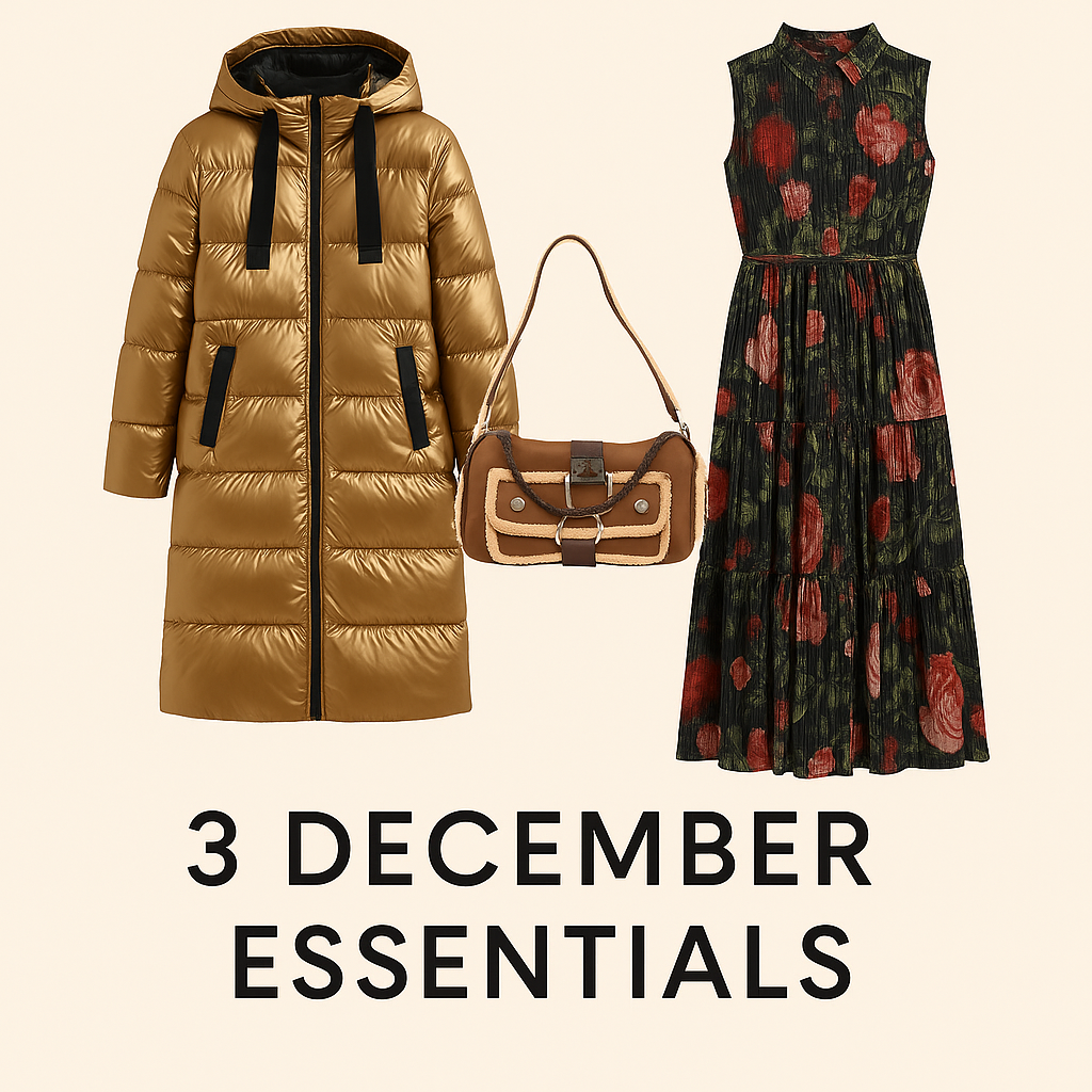 A metallic gold puffer coat, brown shearling-trimmed shoulder bag, and long floral dress labeled “3 December Essentials” on a neutral background.