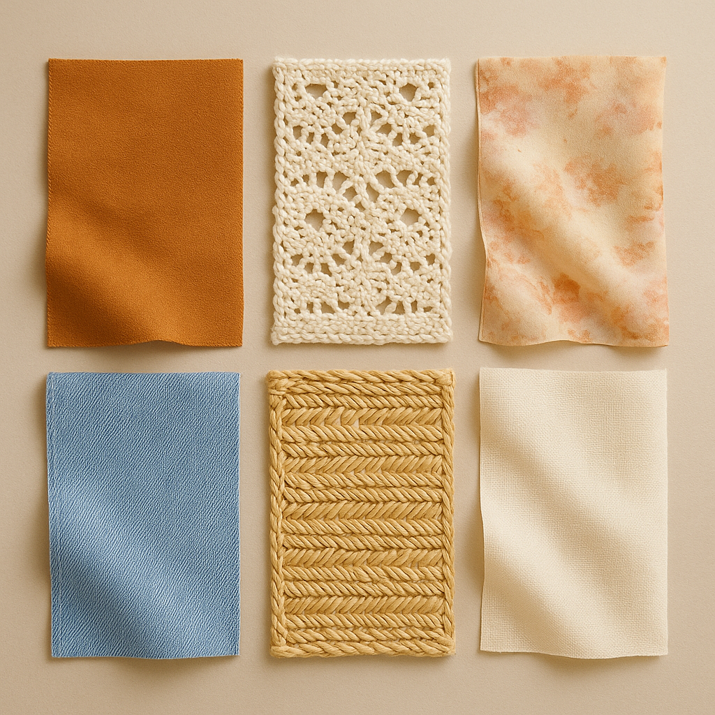 Grid of six warm-toned fabric swatches in varied textures and neutrals.