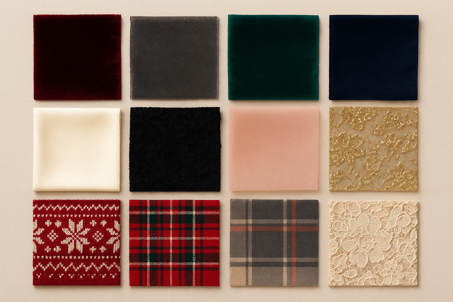 Holiday texture and color mood board with velvet, plaid, lace, and gold fabric swatches — Flight2Fashion inspiration for winter outfits and travel style