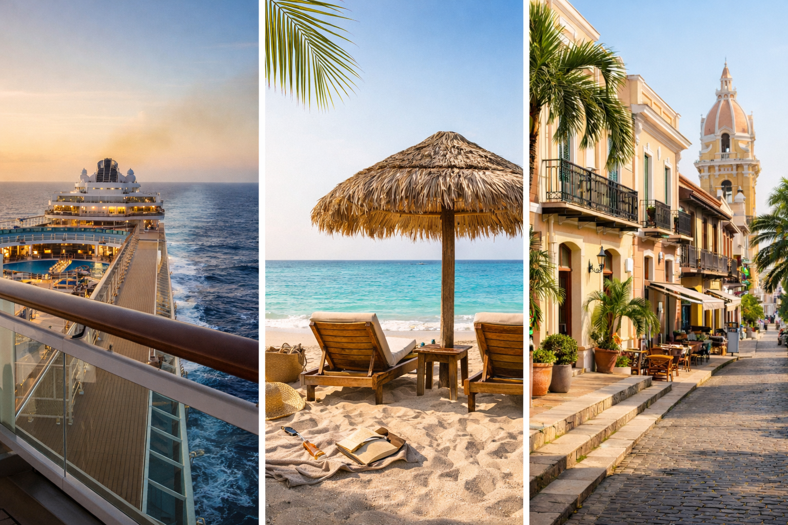 A three-panel image showing a cruise ship deck at sea, a relaxed tropical beach with lounge chairs and umbrella, and a colorful tropical city street with palm trees and historic buildings.