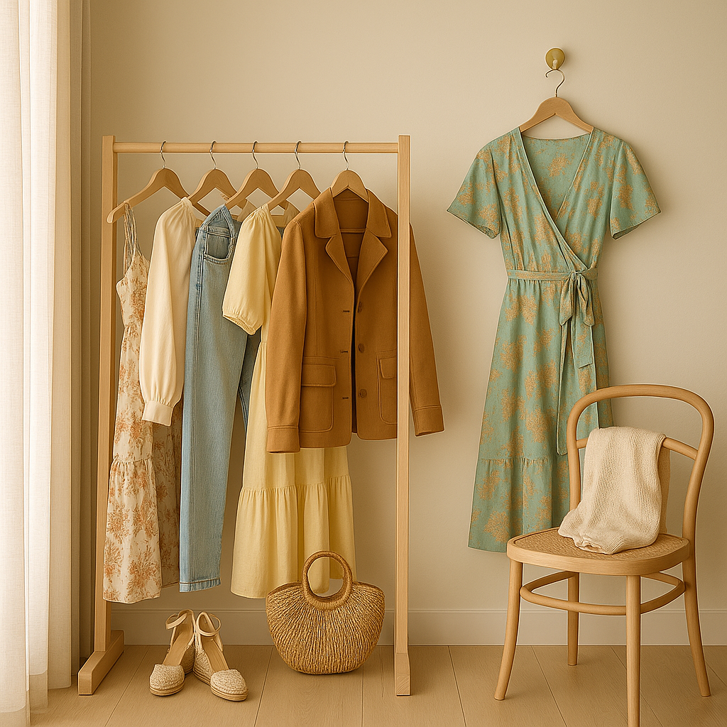 A warm spring–inspired clothing rack with dresses, denim, a camel jacket, and woven accessories.