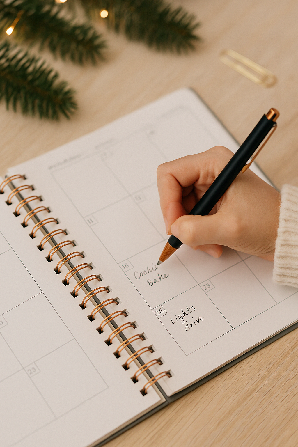 Close-up of a hand writing in a spiral-bound planner, filling in dates for cookie bake and lights drive, with evergreen sprig nearby — Step 4 of Flight2Fashion December planning guide: put it on the calendar