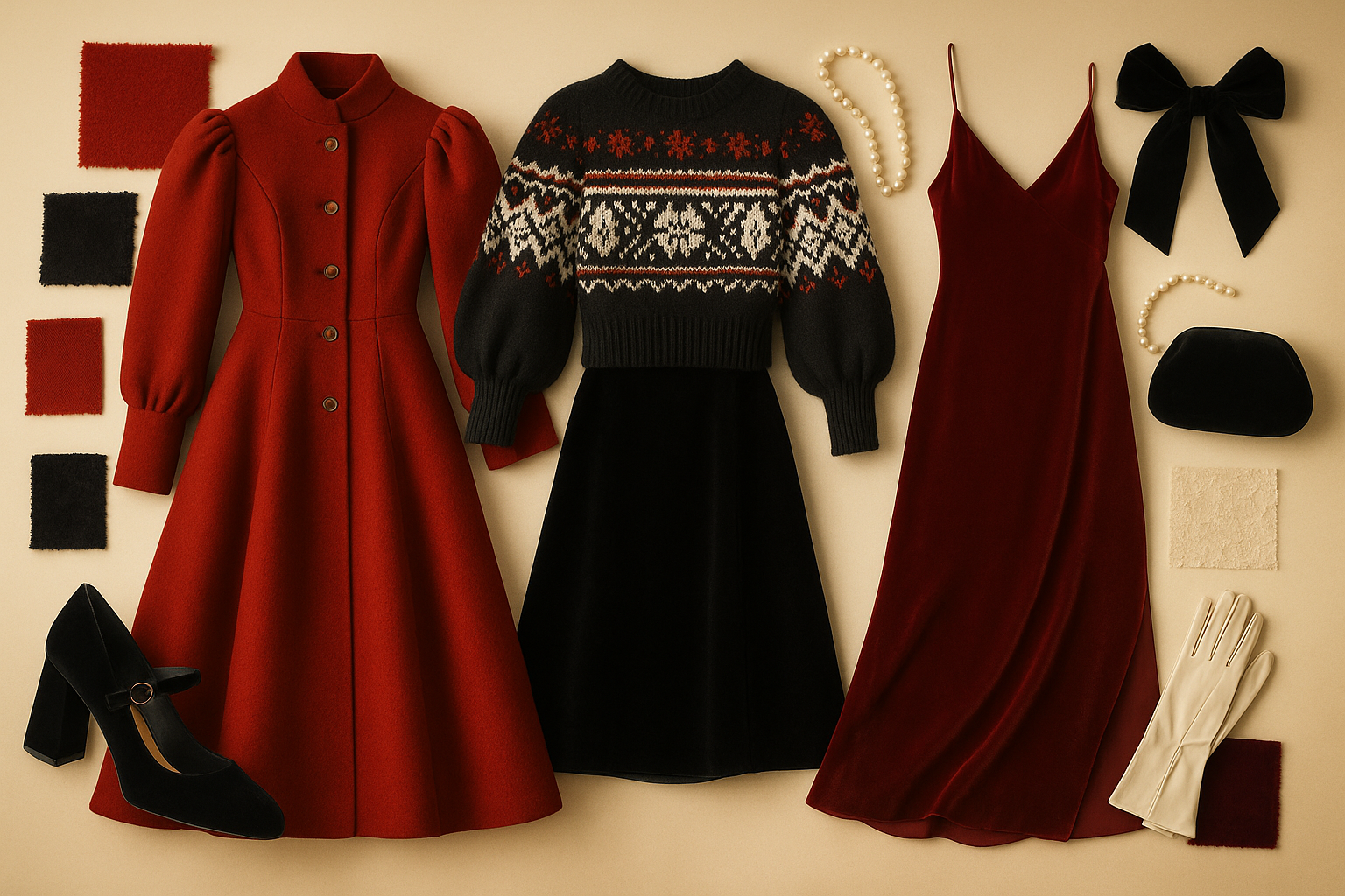Holiday party outfit inspiration flat lay with red wool midi dress, black velvet skirt and fair isle sweater, burgundy velvet slip dress, pearl jewelry, black heels, and winter accessories — elegant Christmas style ideas.