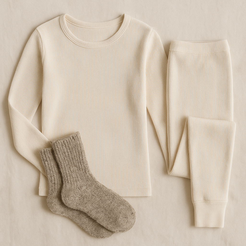 Wool base layers for skiing laid out neatly, showing matching long underwear and wool ski socks for cold weather packing