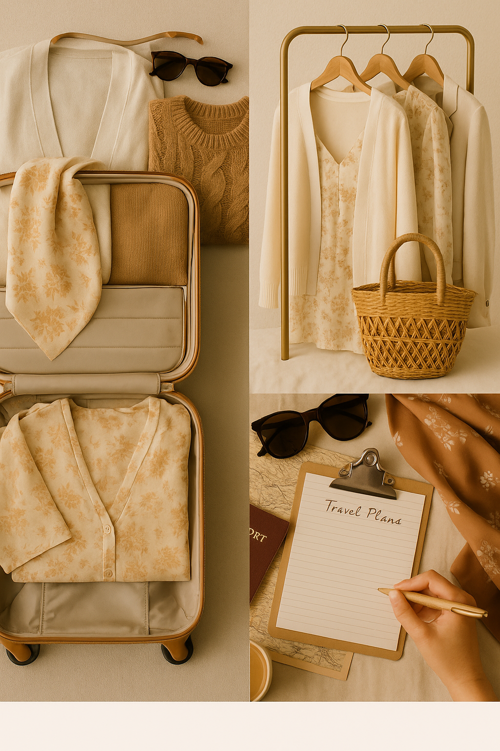 lat lay of suitcase, neutral travel outfits, and travel planning essentials to represent packing smarter, styling with meaning, and planning trips your way.