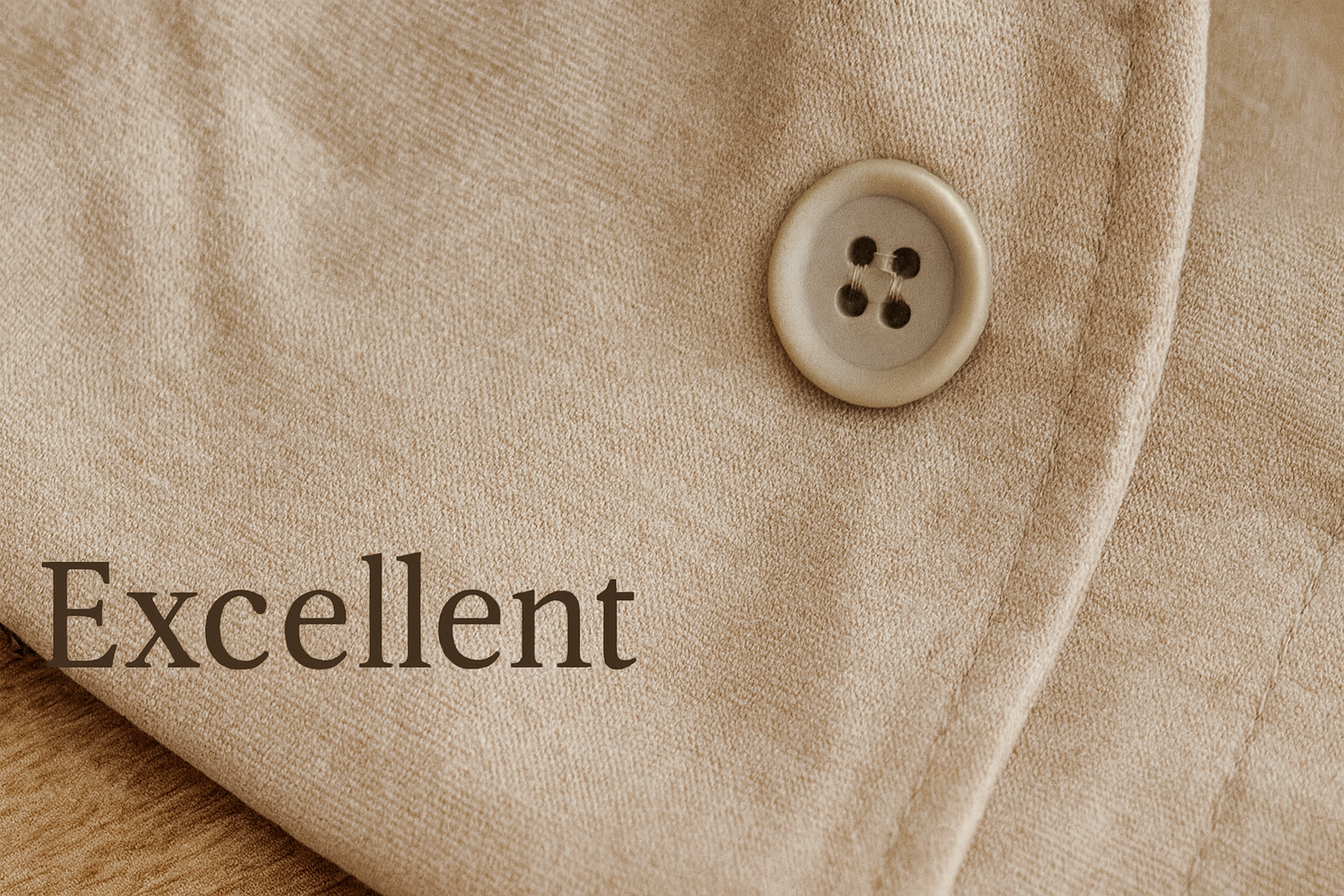 A close-up of a beige garment with a neatly stitched button and the word “Excellent,” illustrating what high-quality condition looks like when evaluating secondhand clothing.