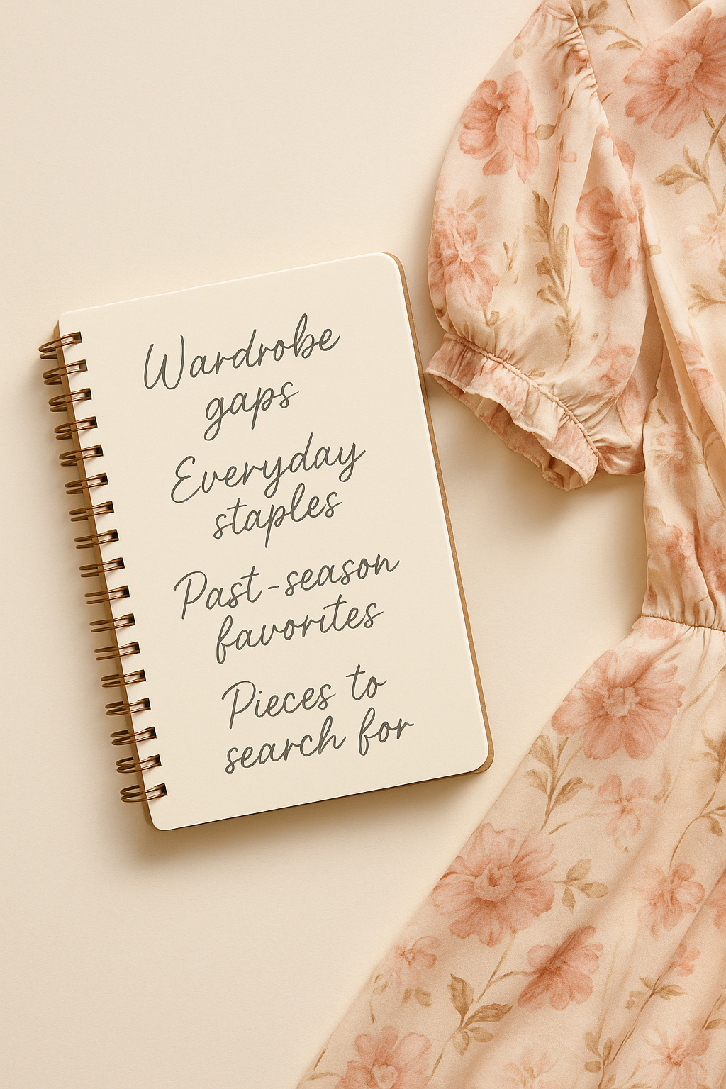 Flat lay of an open spiral notebook with handwritten wardrobe planning notes beside a blush floral silk dress, styled on a neutral cream background.
