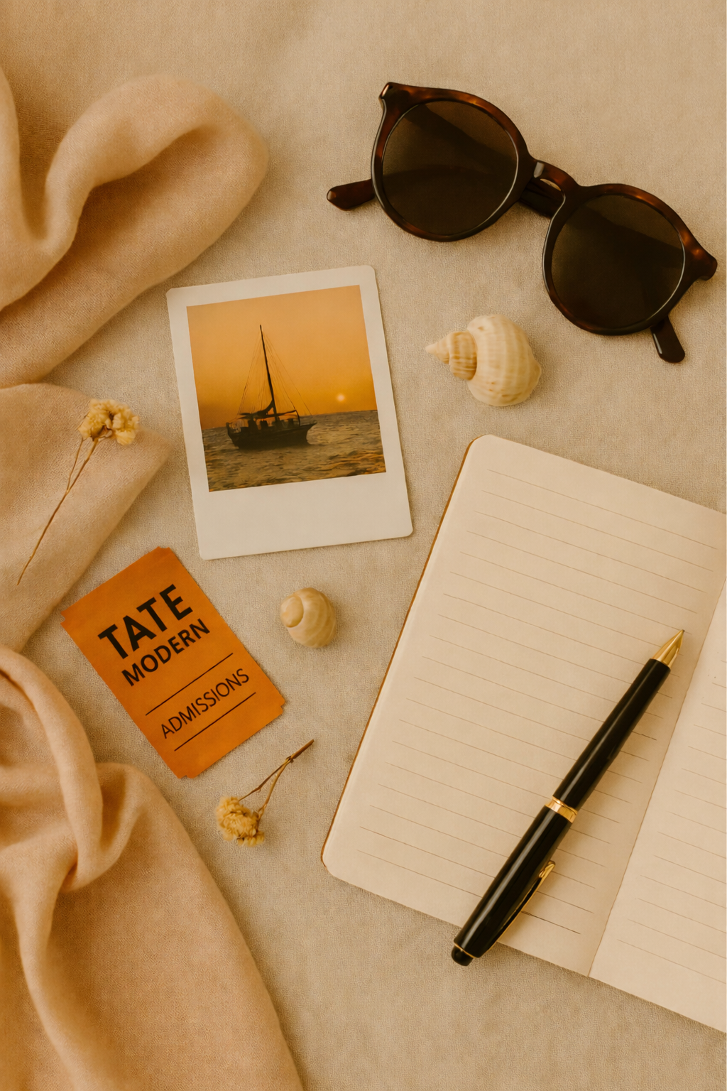 Flat lay of travel souvenirs, photos, and keepsakes symbolizing highlights and favorite moments from trips
