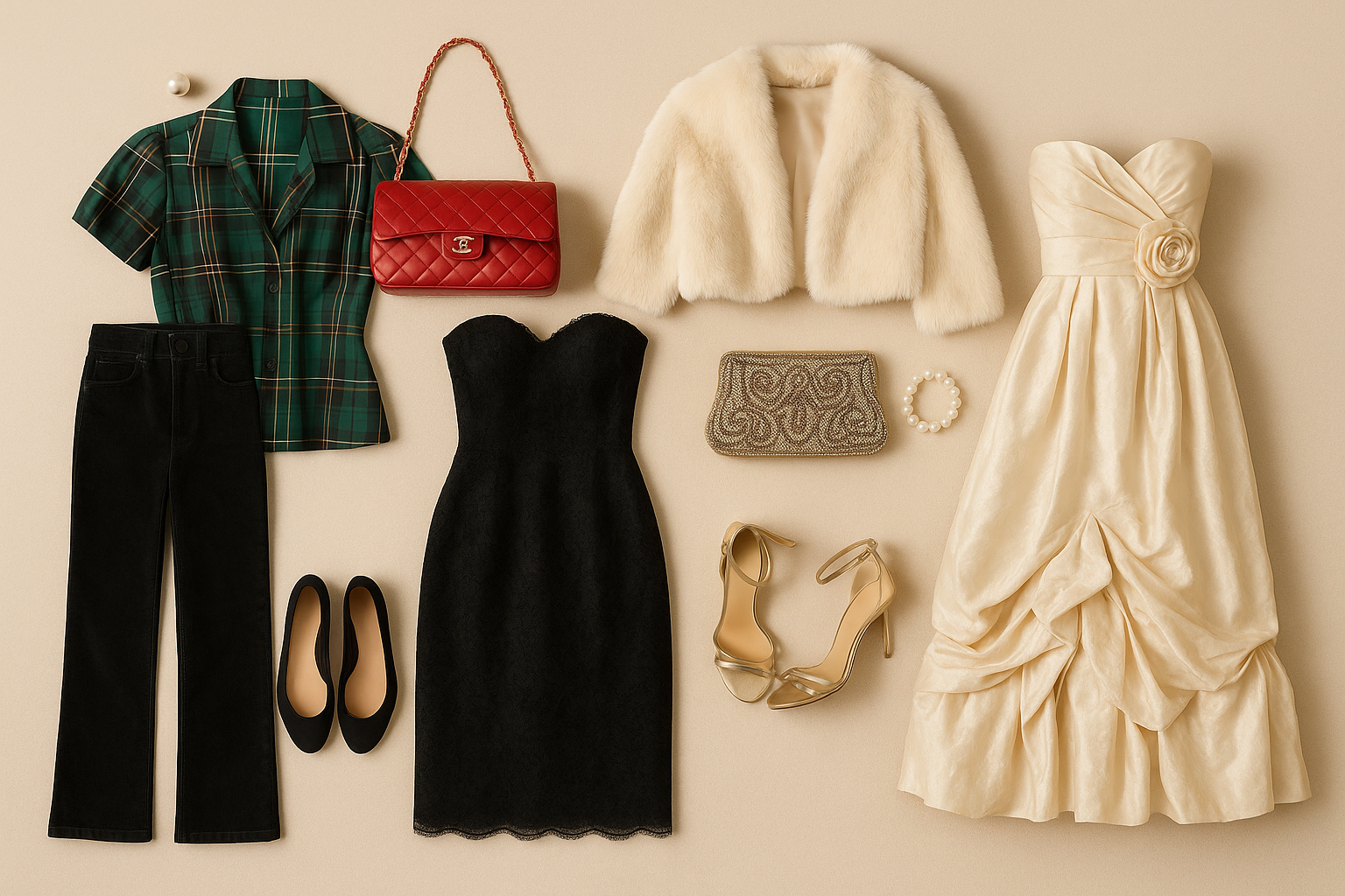 Evening holiday outfit flat lay with plaid top and jeans, black strapless dress, ivory satin gown, faux fur jacket, and pearl accessories.