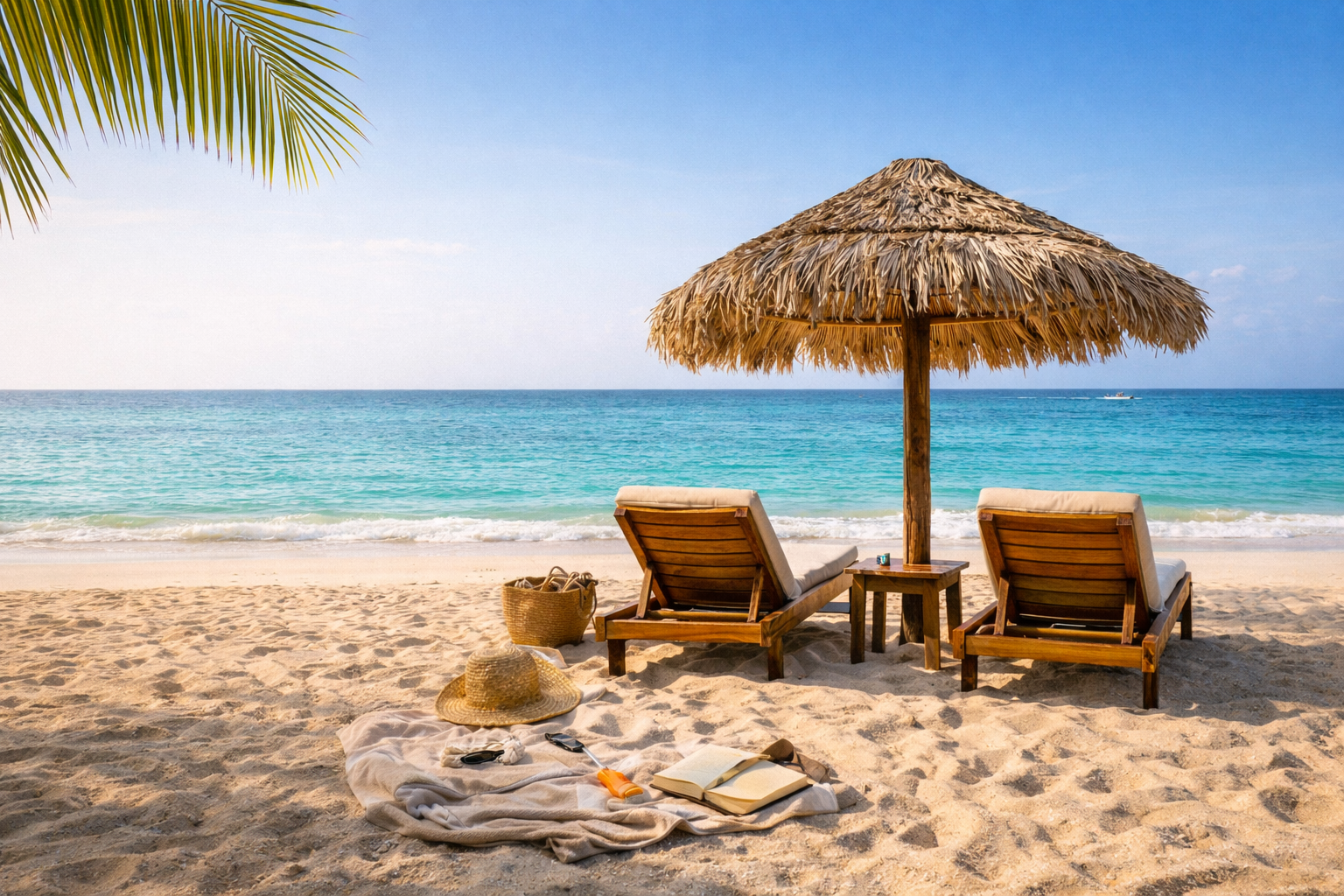 Two wooden lounge chairs under a thatched umbrella on a quiet tropical beach, facing turquoise water, with a straw hat, book, sunscreen, and woven beach bag resting on the sand.