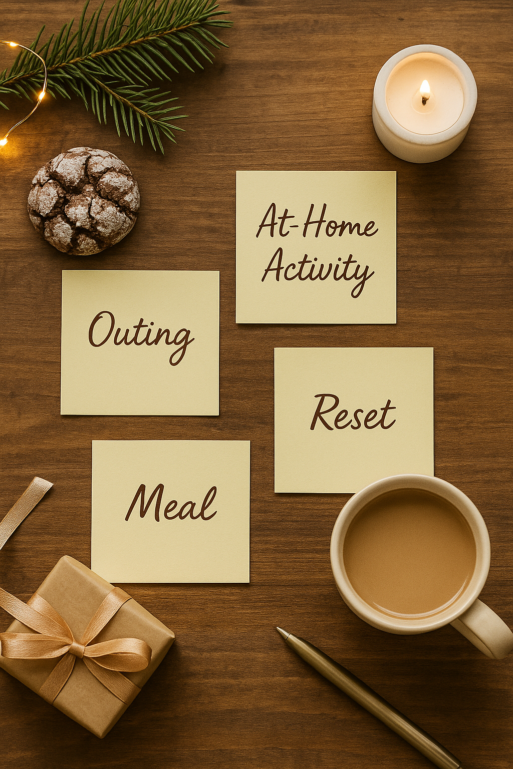 Flat lay with four sticky notes labeled outing, at-home activity, meal, and reset, surrounded by cookies, mug, and greenery — Step 3 of Flight2Fashion December planning guide: choose your activities