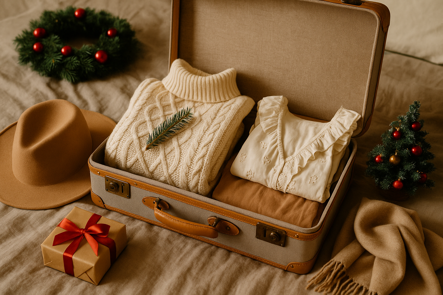 Holiday travel flat lay with open suitcase holding cream sweaters, tan clothing, felt hat, wrapped gift, and mini Christmas wreaths.