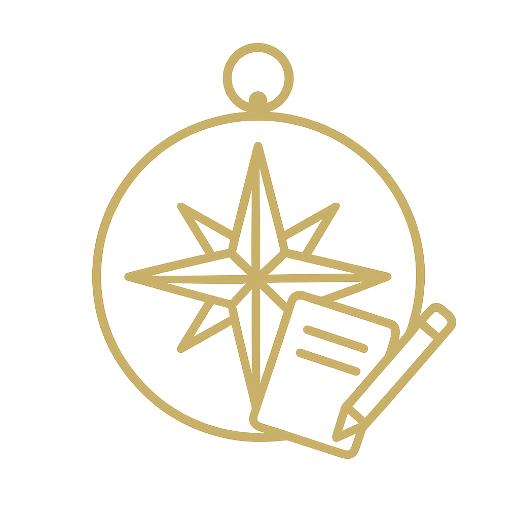 Gold outline of a compass with a notepad and pencil