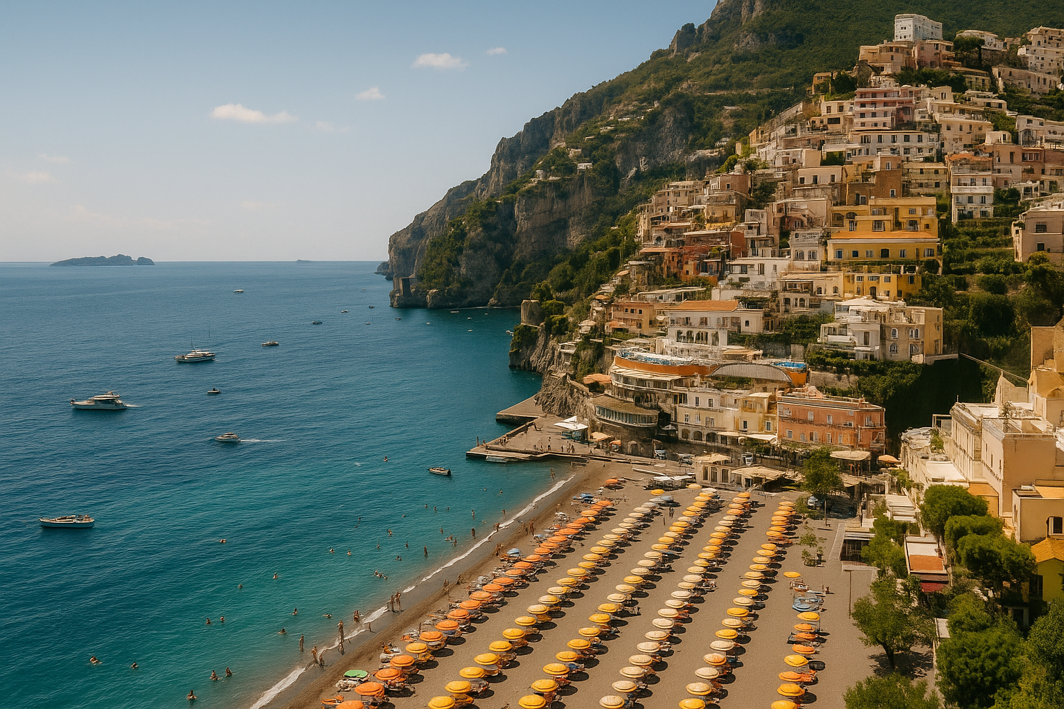 Positano coastline overlooking the Amalfi Coast with colorful hillside buildings, turquoise sea, boats in the water, and rows of sun umbrellas along the beach.