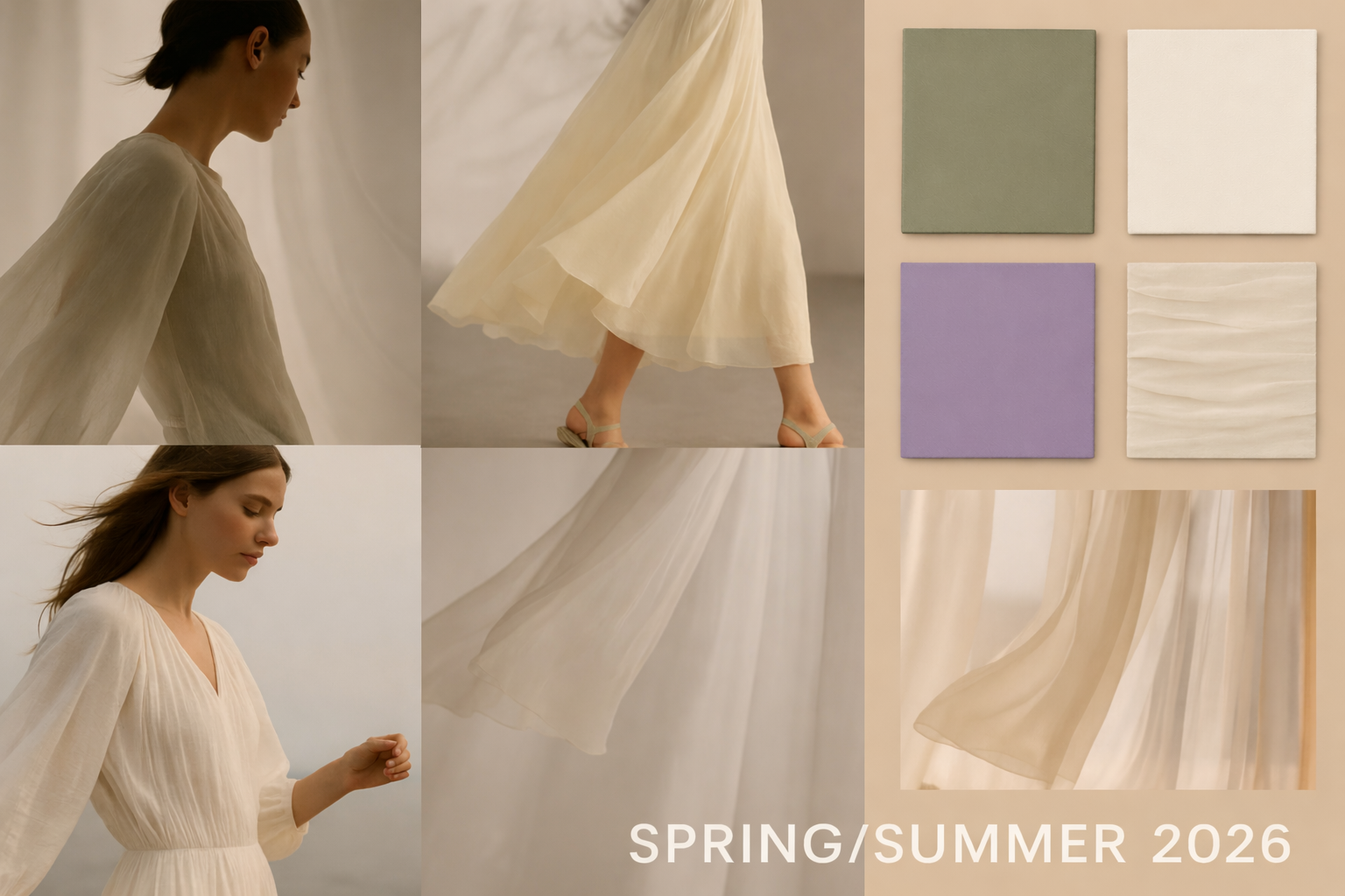 Spring/Summer 2026 mood board highlighting airy movement and soft fabrics, featuring flowing white and cream dresses, sheer layers, and muted pastel color swatches in sage and lavender on a warm neutral background.