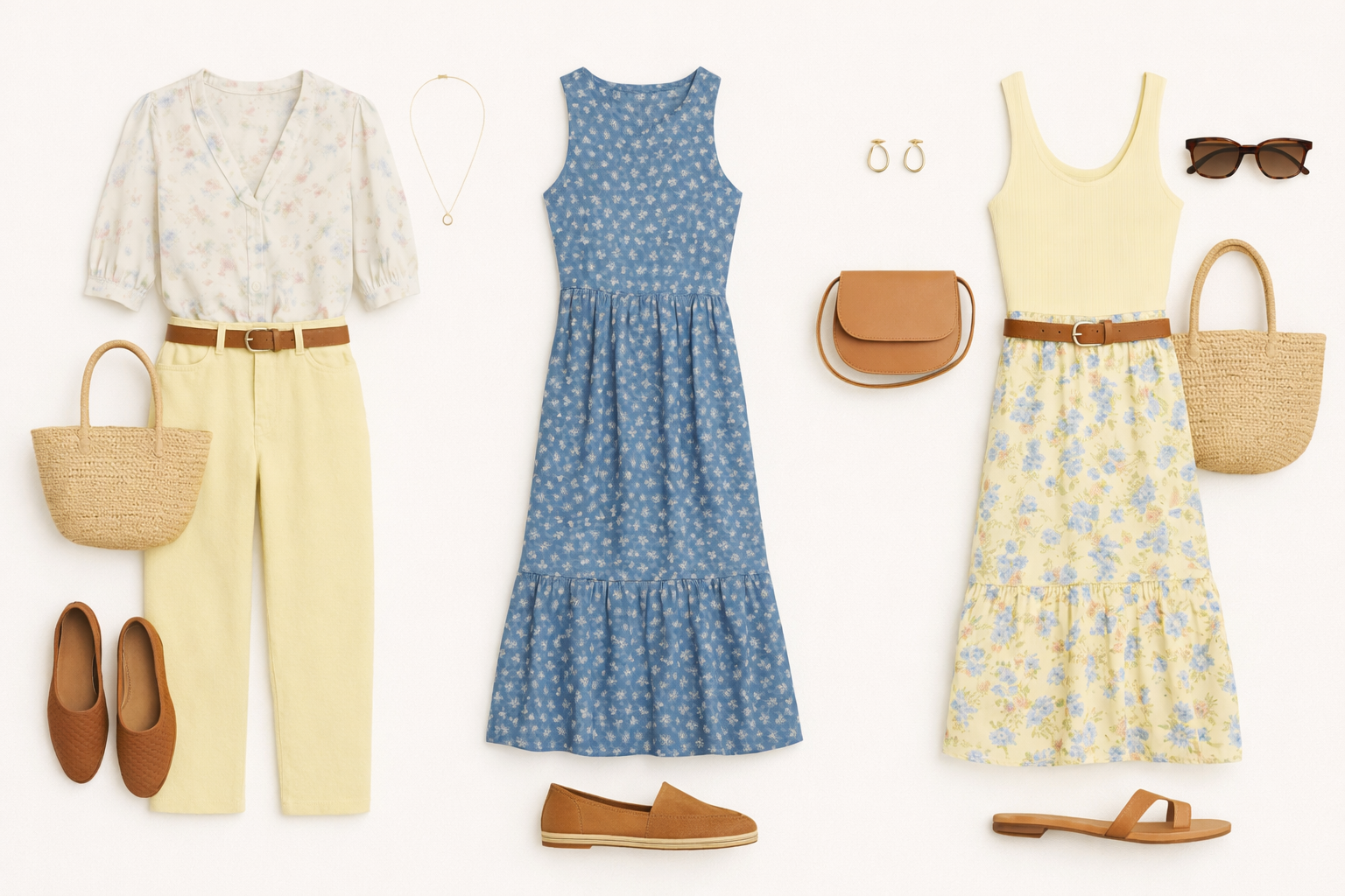 Spring/Summer 2026 flat-lay outfit mood board featuring soft 90s–inspired looks in pastel yellow and blue, including floral dresses, wide-leg pants, tanks, woven bags, sandals, and minimalist accessories on a neutral background.
