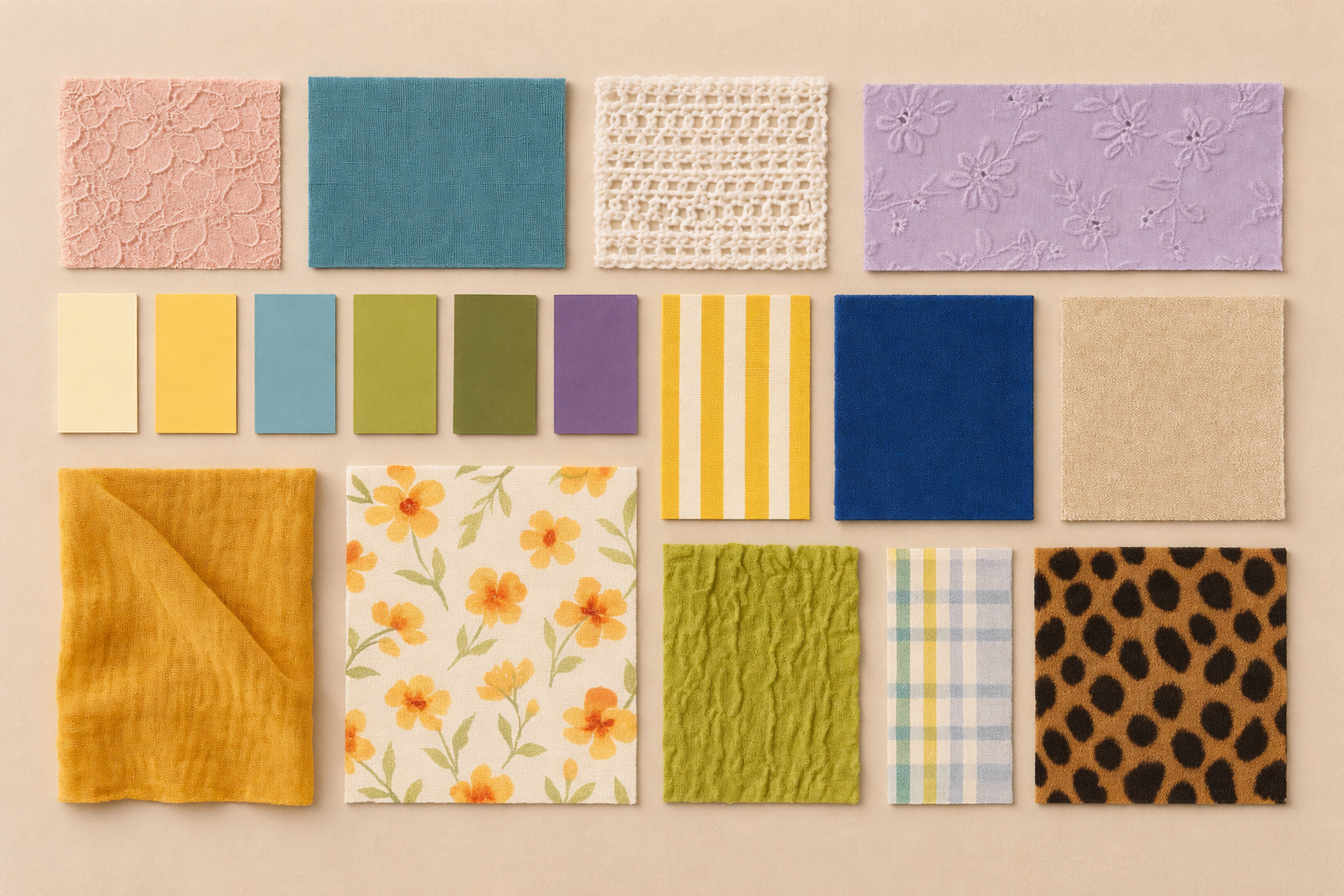 Spring/Summer 2026 color and texture mood board featuring fabric swatches and patterns in peach, teal, lavender, yellow, green, blue, florals, stripes, crochet, and animal print on a neutral background.