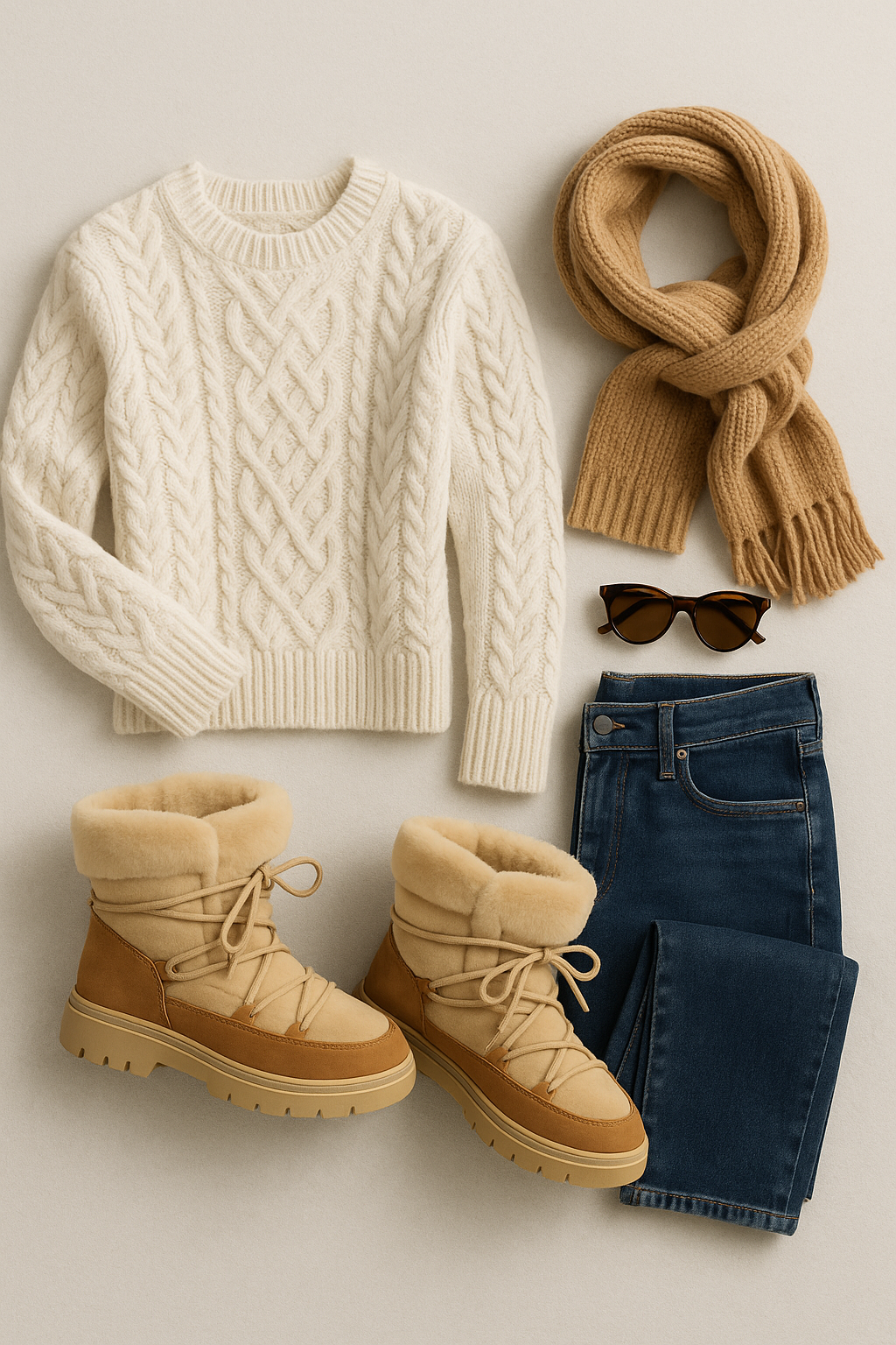 Après-ski flat lay with a cream cable-knit sweater, dark jeans, shearling-lined winter boots, camel scarf, and sunglasses.