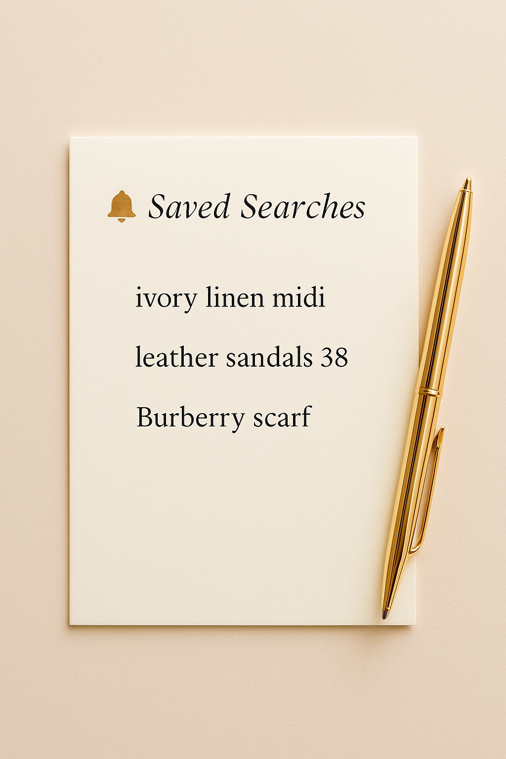 Elegant stationery card listing saved fashion searches.