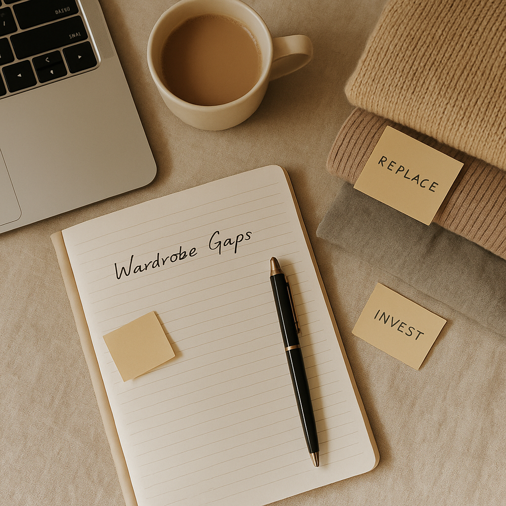 Flat lay of a beige notebook, folded clothes, and a coffee cup with notes labeled replace and invest, styled in warm neutral tones.