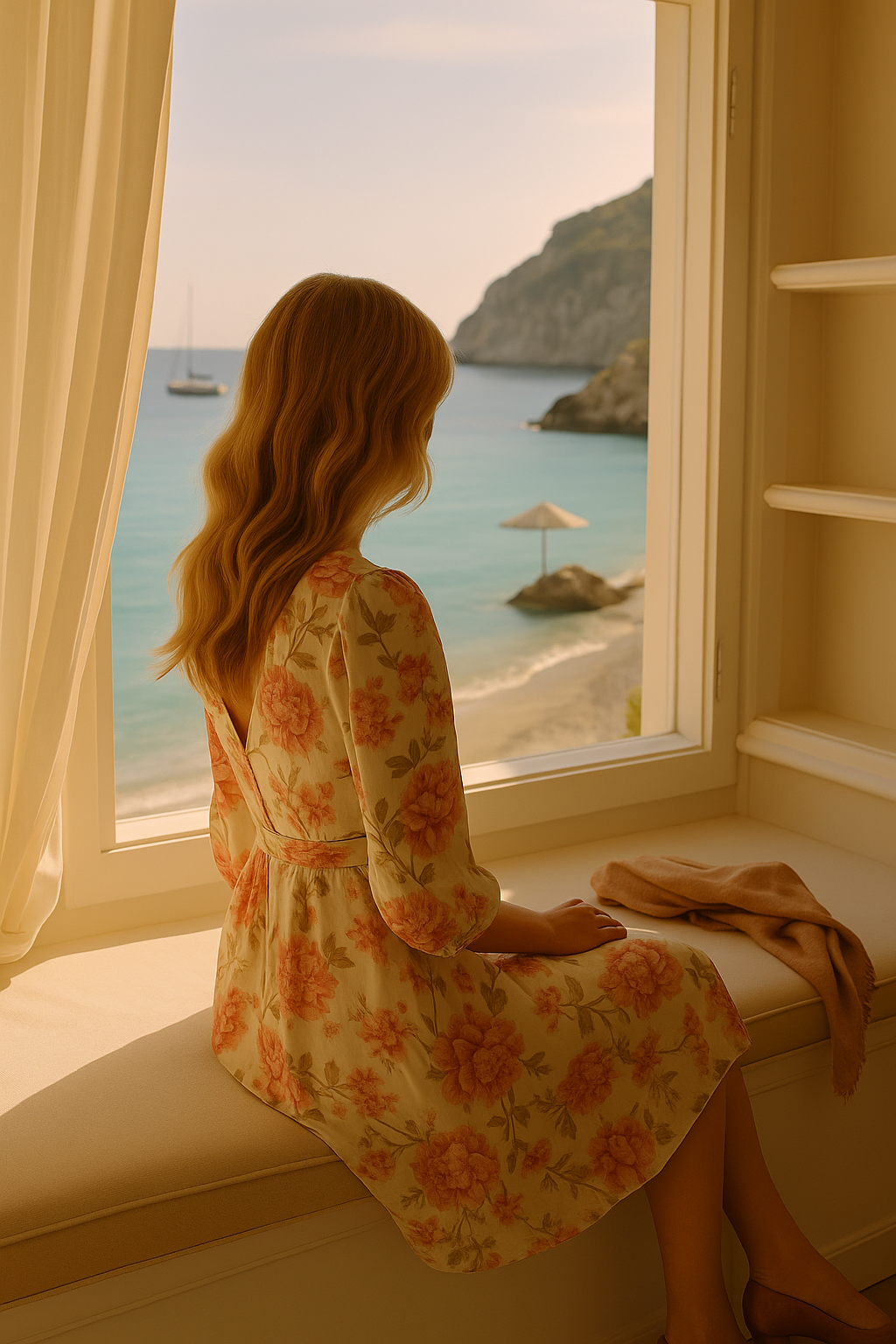 Woman with golden wavy hair in a Zimmermann-style peony floral dress sits on a window seat, gazing at a Mediterranean beach during golden hour with a sailboat in the distance, softly lit to feel like a memory