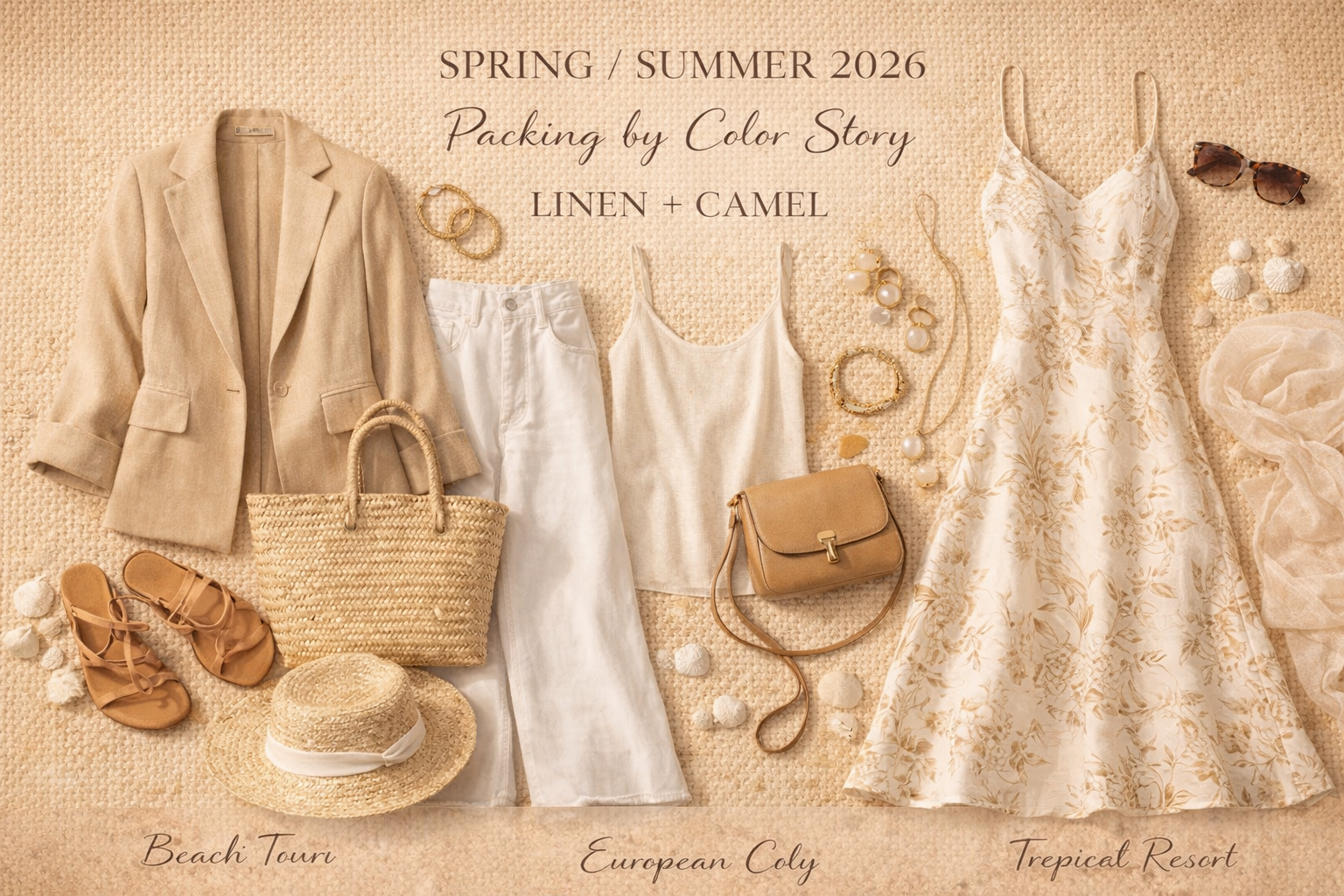 Spring/Summer 2026 flat-lay packing guide styled in linen and camel tones, featuring a blazer, white pants, tank, floral dress, woven bag, sandals, and gold accessories arranged on a textured neutral background