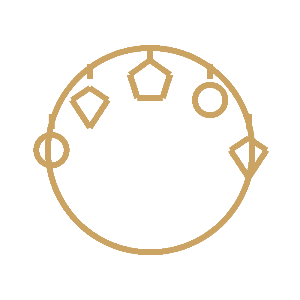 Decorative circular design with various geometric shapes in gold color on a black background.