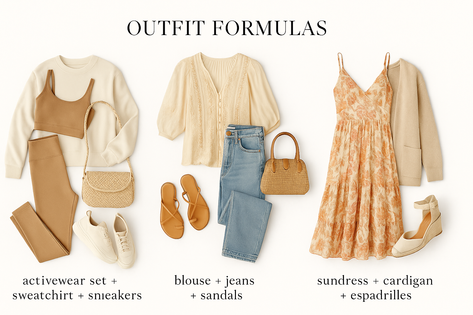 Three outfit formulas for different parts of the day: activewear, casual jeans-and-blouse, and a dress with a cardigan.