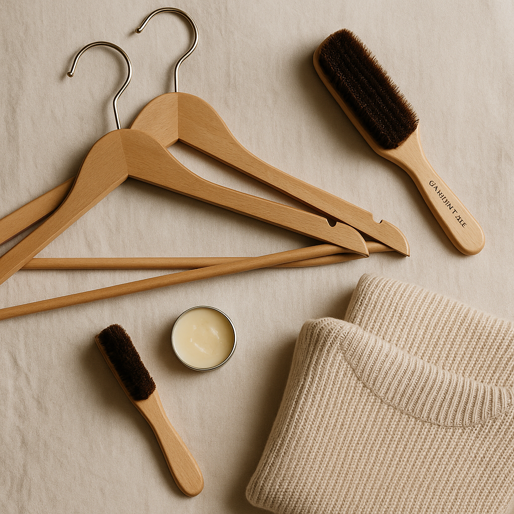 Flat lay of wooden hangers, lint brush, leather conditioner, and folded knitwear in warm neutral tones, styled for Flight 2 Fashion garment care.