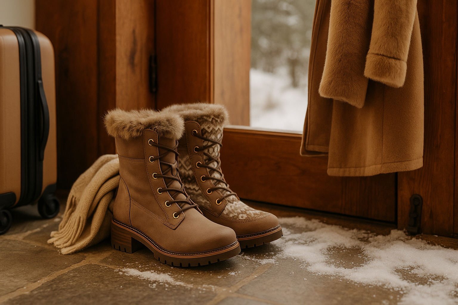 Pair of taupe waterproof winter boots with faux-fur trim by a wooden chalet door, snow-dusted stone floor, camel coat and suitcase nearby, warm natural light, cozy winter travel aesthetic.