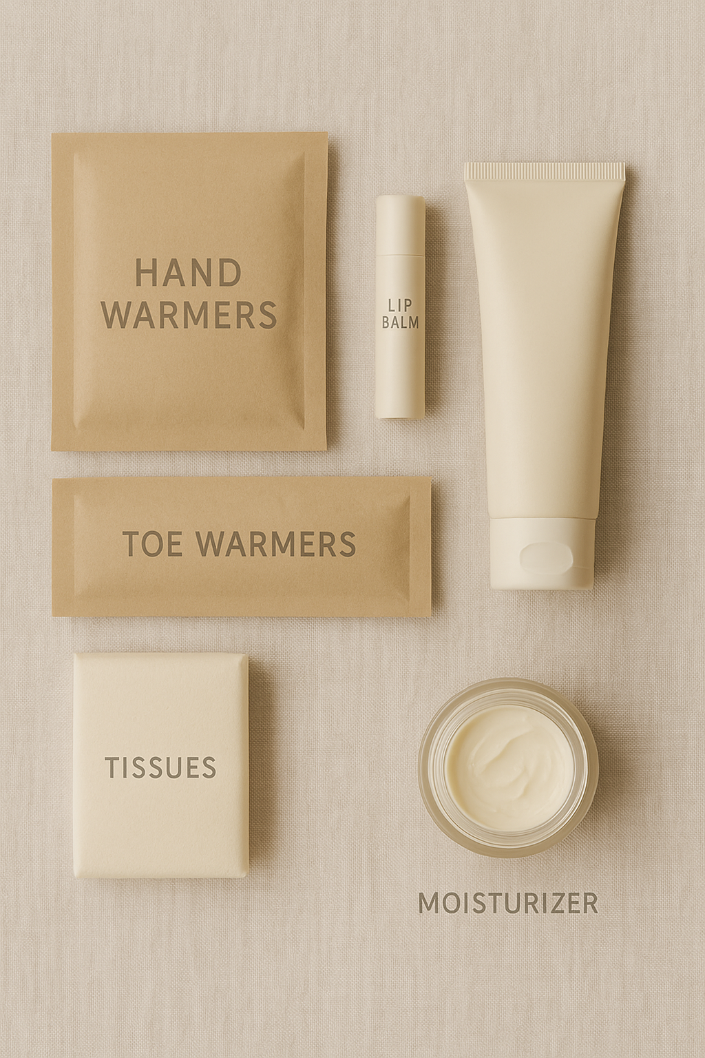 Flat lay of small ski trip essentials including hand warmers, toe warmers, lip balm, sunscreen, tissues, and moisturizer