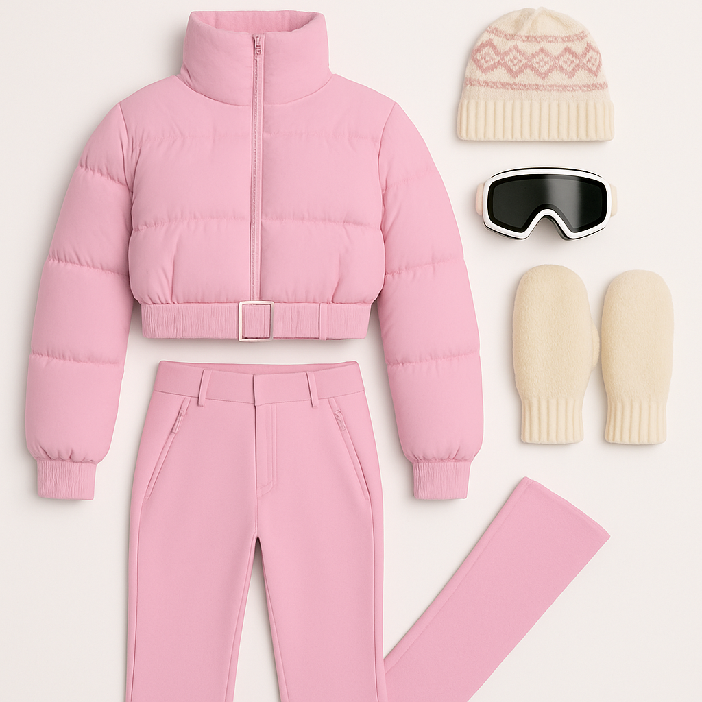 Flat lay of a pink ski suit with cream mittens, a patterned winter hat, and goggles for a warm and stylish ski trip outfit