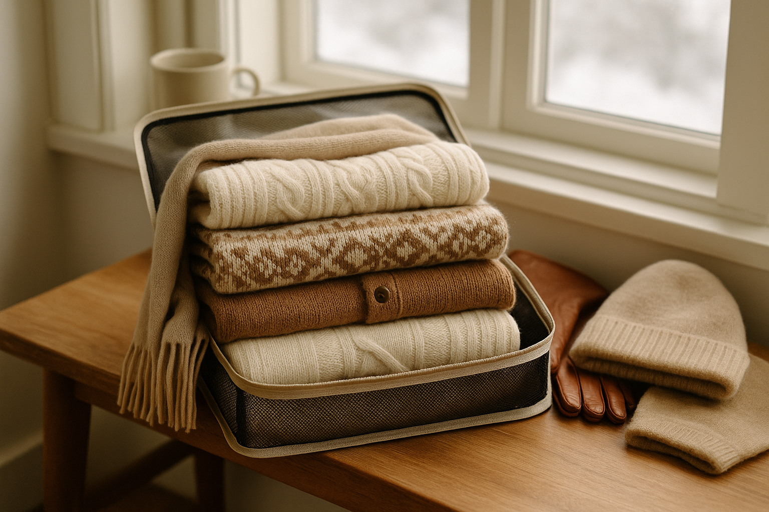 Stack of folded wool and cashmere sweaters in neutral and fair isle tones, with a scarf tucked in, placed in a packing cube by a window in soft winter light; cozy, elegant travel aesthetic.