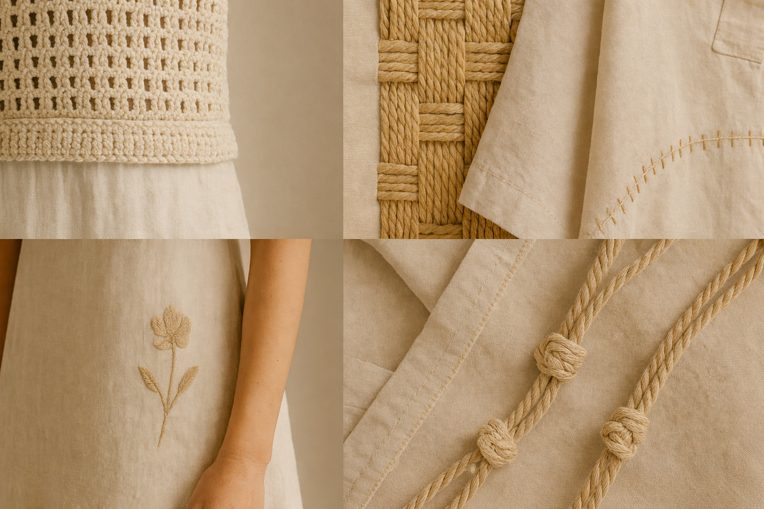 Spring Summer 2026 texture mood board highlighting modern craft details including crochet knit, rope weaving, embroidered fabric, natural stitching, and soft neutral textiles.