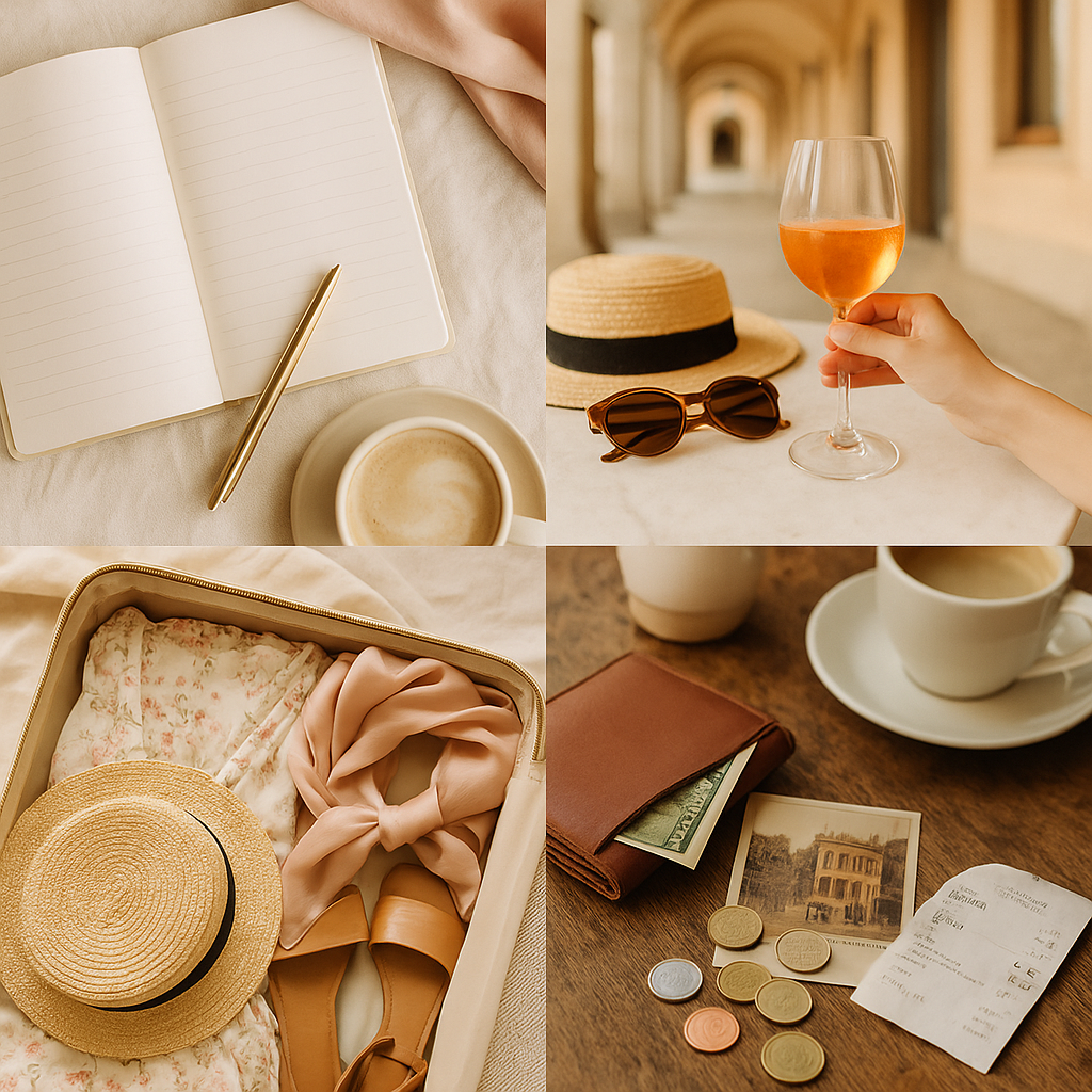 Warm-toned travel flat lay collage: open notebook with pen and coffee, sunhat and sunglasses with a glass of wine on a stone table, packed suitcase with hat and sandals, and a wallet with cash, coins, and vintage postcards beside a cup of coffee