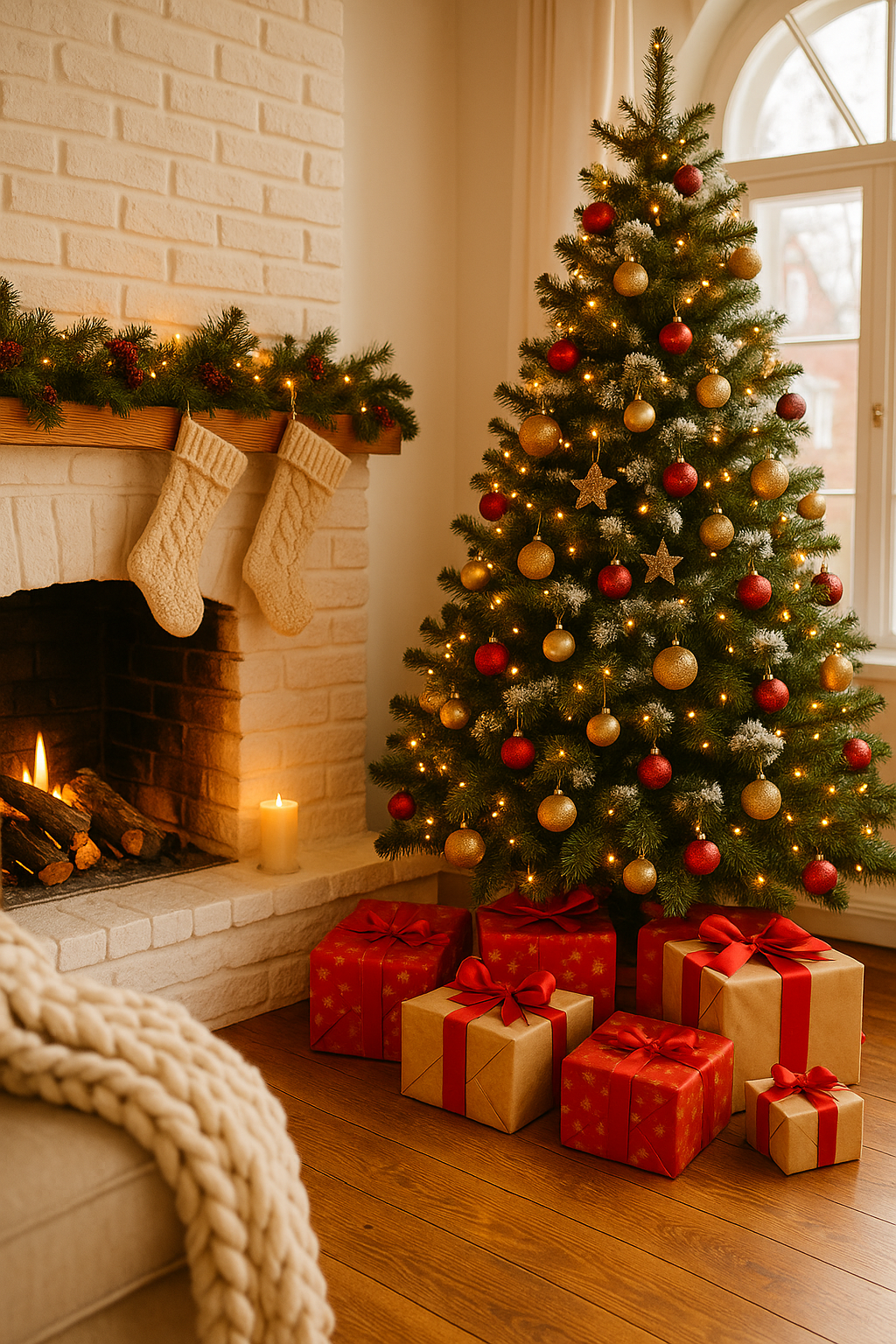 Beautiful living room decorated for Christmas with glowing tree, stockings, and wrapped gifts — cozy inspirational image for Flight2Fashion December planning post.