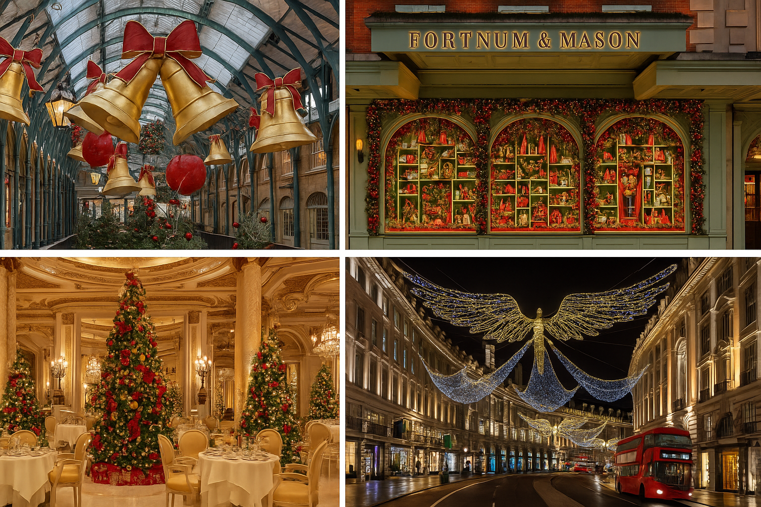 London Christmas inspiration board showing Fortnum & Mason, Regent Street holiday lights, festive dining room decor, and golden bells in a market arcade — winter travel style mood by Flight2Fashion.