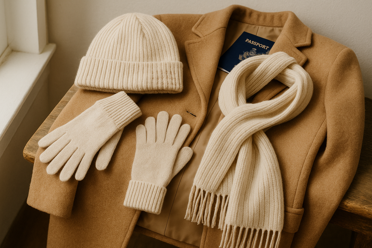 Winter travel flat lay with camel coat, ivory knit scarf, hat, and gloves layered over a passport — Flight2Fashion cold-weather packing inspiration