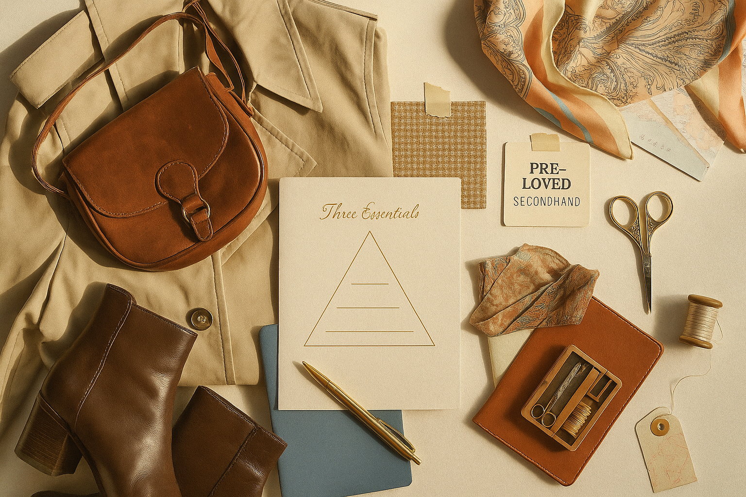 A flat lay of fashion accessories and stationery including a beige trench coat, brown boots, a brown leather purse, fabric swatches, a scarf, a notebook, a pen, scissors, a spool of thread, a second notebook, and a card that reads 'Three Essentials' on a cream-colored surface.