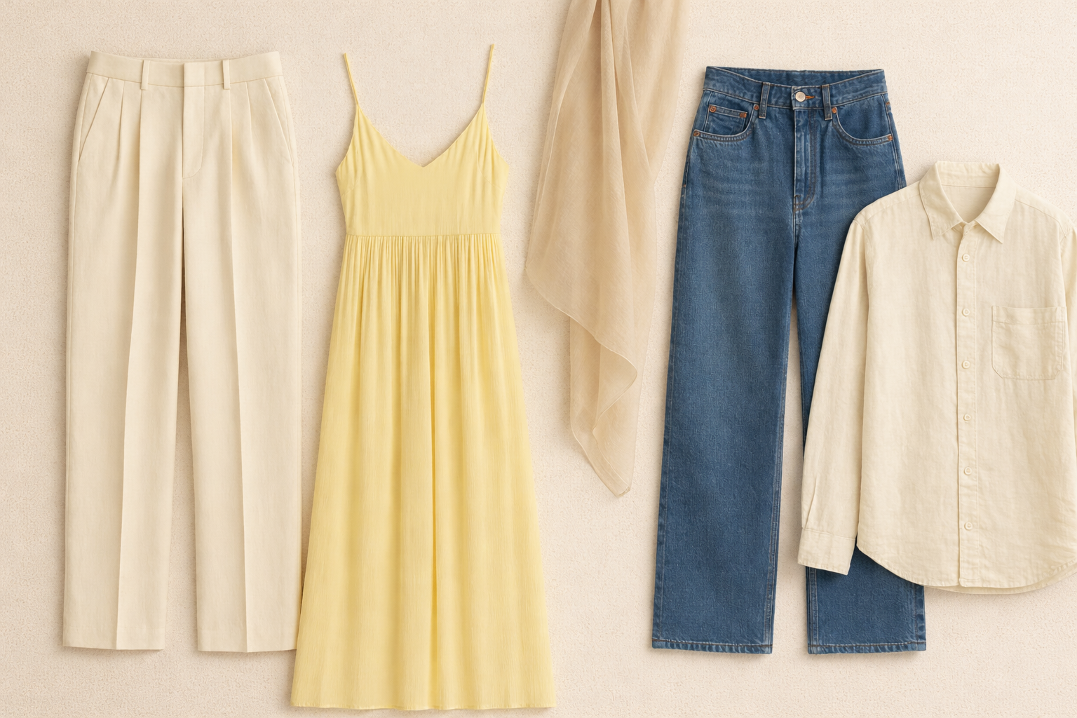 Spring/Summer 2026 wardrobe essentials flat lay featuring cream trousers, a soft yellow midi dress, sheer scarf, classic blue jeans, and a lightweight neutral button-down arranged on a textured neutral background.