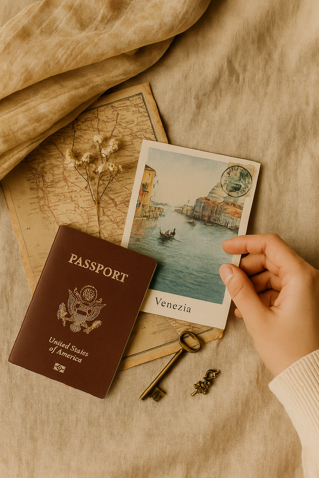Flat lay of passport, vintage Paris and Venice postcards, and travel map — symbolizing reflection on a year of travel memories
