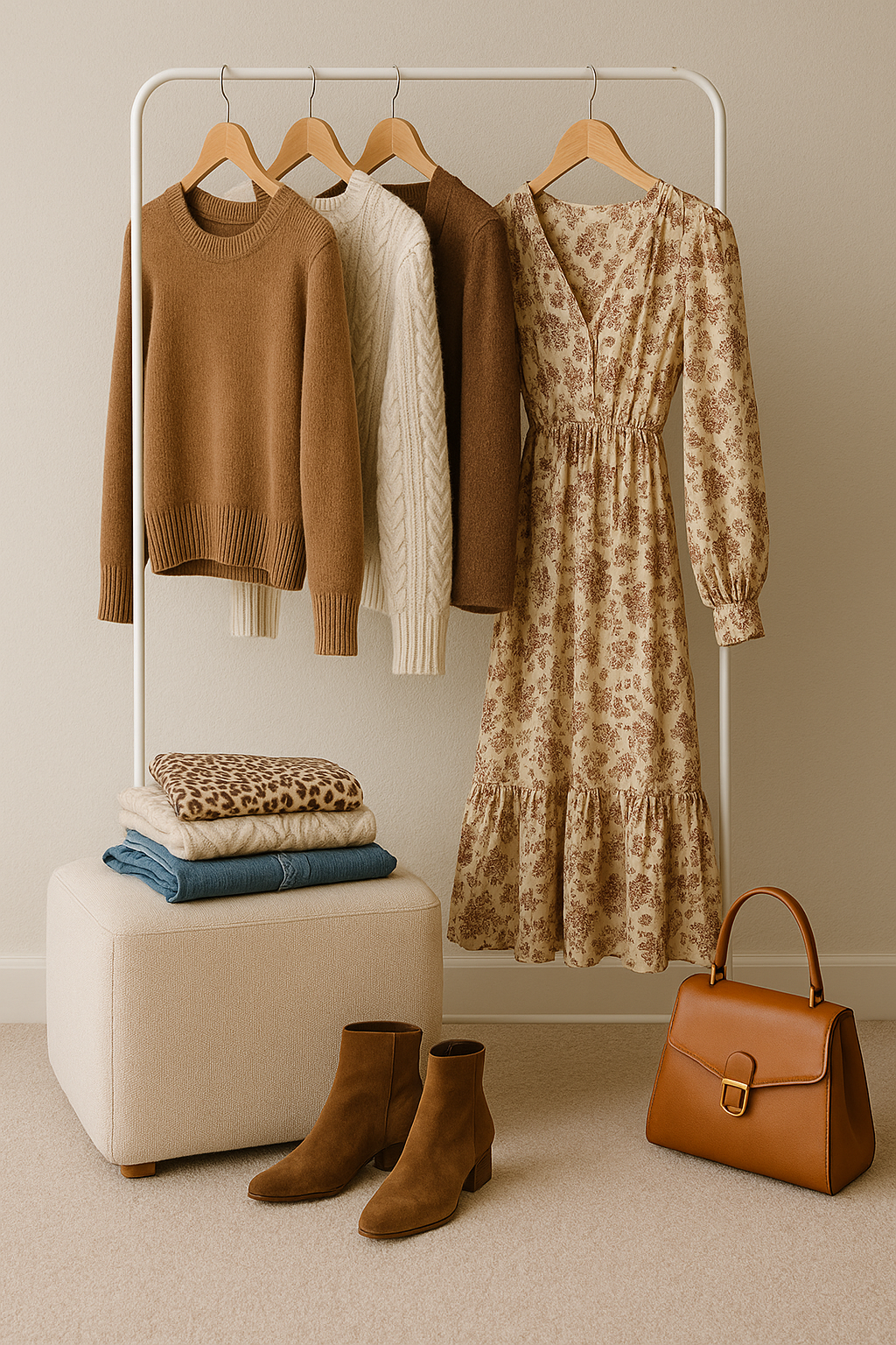 Minimalist clothing rack with coats, blouses, denim, and sweaters in camel, cream, and blush tones, styled for a Flight 2 Fashion closet edit.