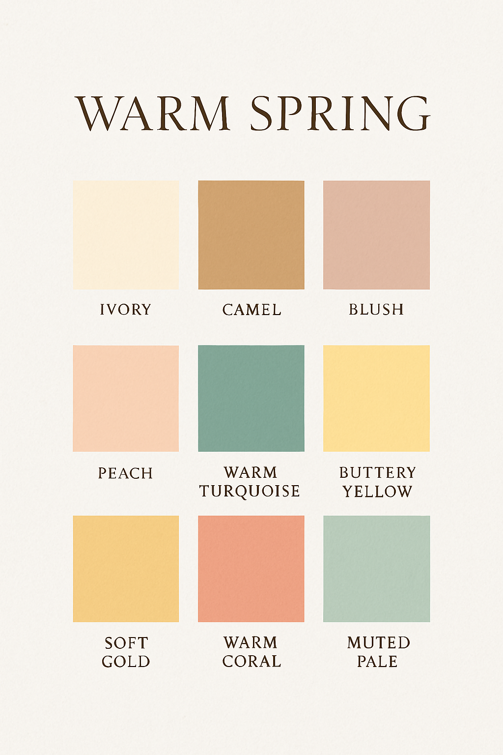 A nine-color Warm Spring palette displayed in a three-by-three grid, featuring ivory, camel, blush, peach, warm turquoise, buttery yellow, soft gold, warm coral, and muted pale. Used as an example of how color palettes make wardrobe building easier