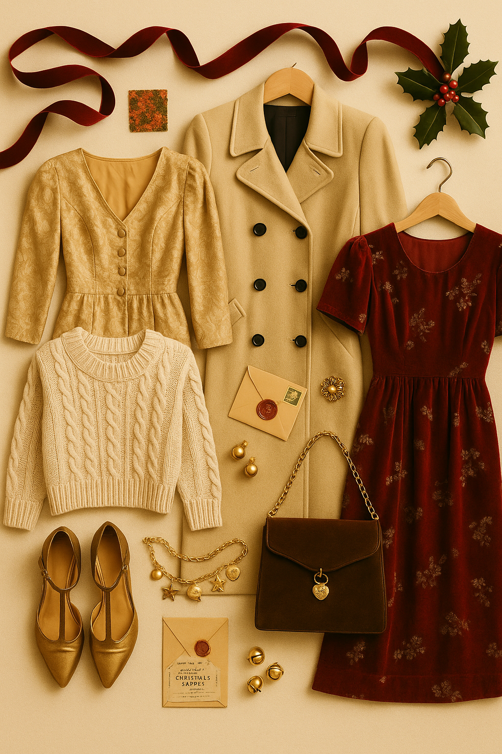 Flat lay featuring a burgundy velvet dress, cream cable-knit cardigan, leopard-print handbag, gold jewelry, and suede heels arranged on a neutral backdrop — evoking holiday tradition and memory-filled style.