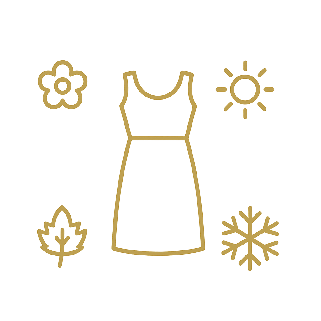 Outline of a sleeveless dress surrounded by a flower, sun, leaf, and snowflake symbols, on a black background.
