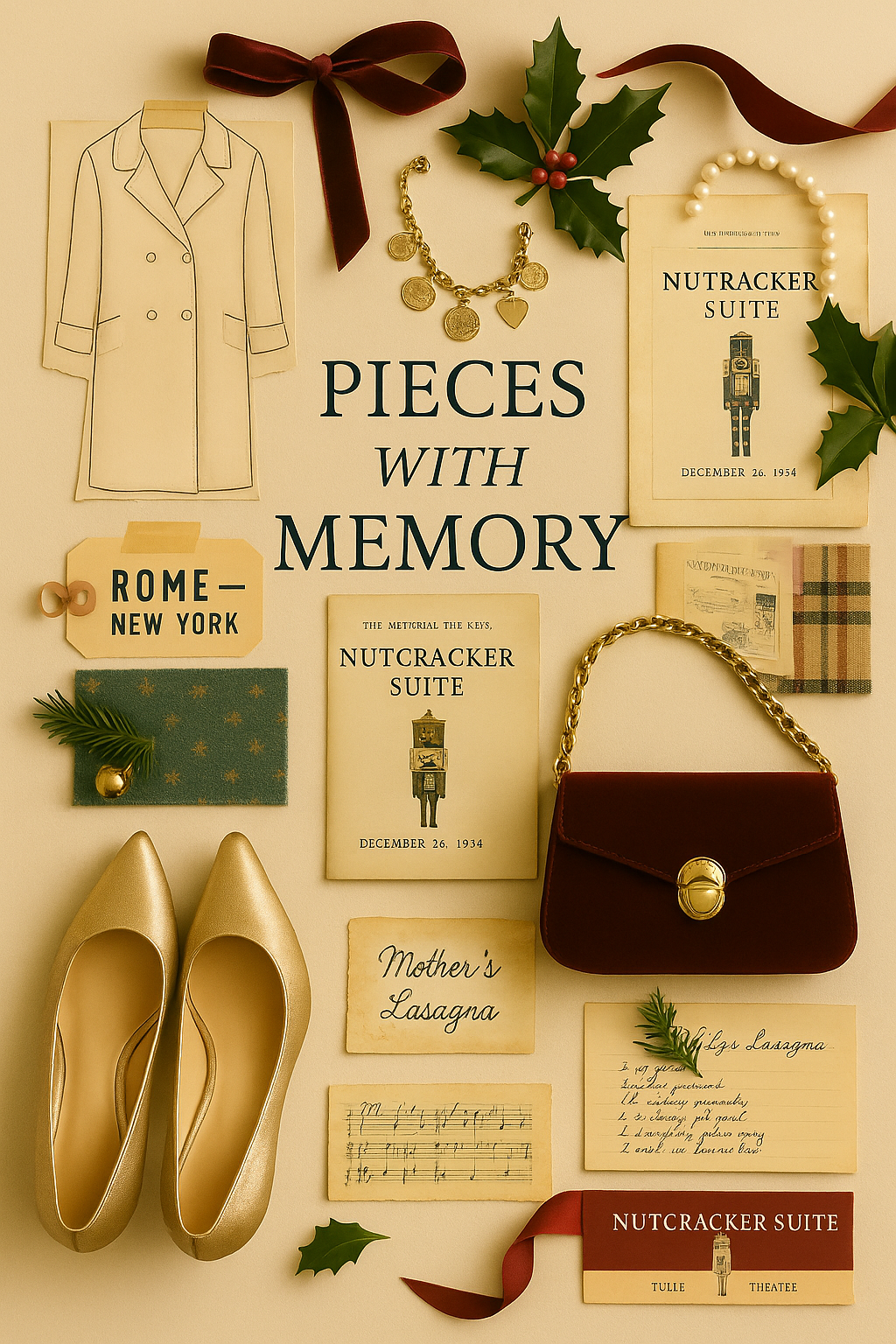 Flat lay titled 'Pieces with Memory' featuring vintage-inspired holiday elements: a coat sketch, gold charm bracelet, red velvet handbag, pearl necklace, Nutcracker Suite playbills, gold flats, plaid fabric, handwritten recipe cards.