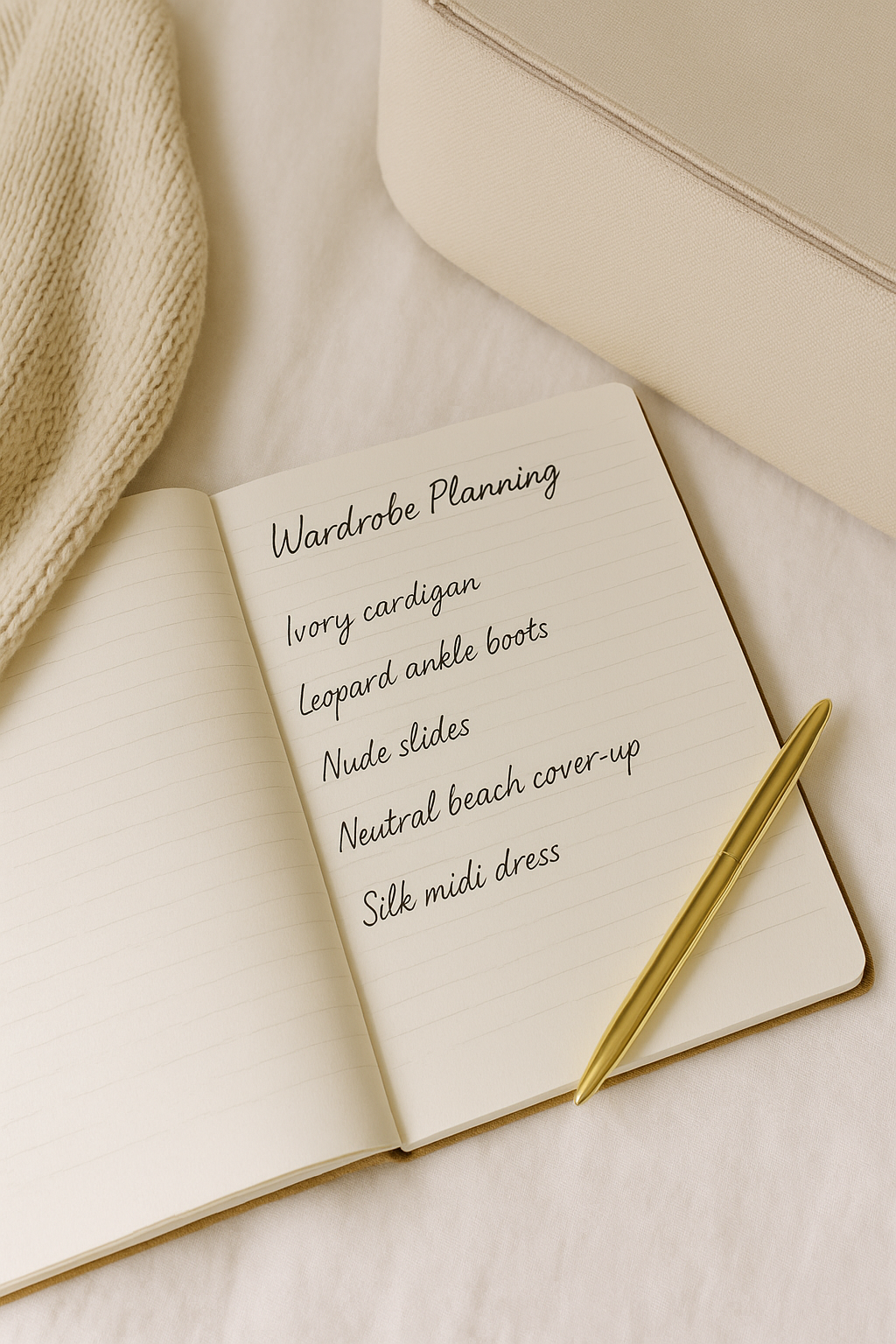 Flat lay of an open notebook with a handwritten wardrobe planning list, a gold pen, and a cream knit sweater—illustrating how to create a short list before shopping secondhand.