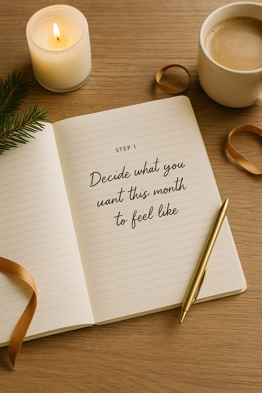 Open notebook with pen, coffee, candle, and pine sprig on wooden desk — Step 1 of Flight2Fashion December planning guide: decide what you want this month to feel like.