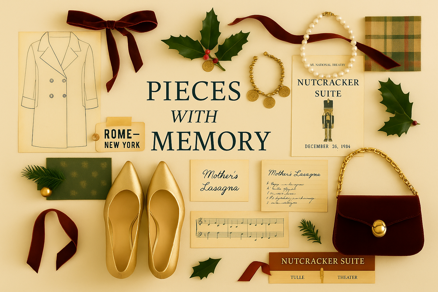 Holiday memory flat lay with nutcracker program, handwritten recipe cards, gold flats, pearl necklace, ribbon, handbag, and winter greenery.